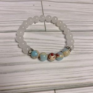 Sea Sediment Imperial Jasper, White Quartzite and Rhinestone Bead Bracelet